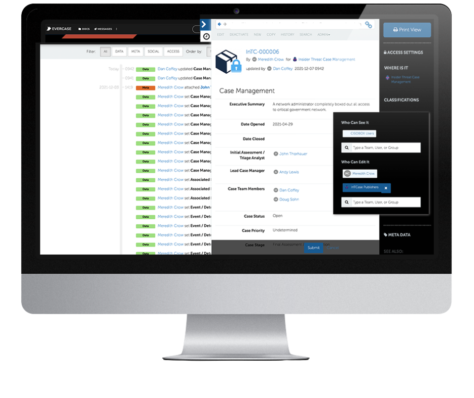 Case management interface on computer screen
