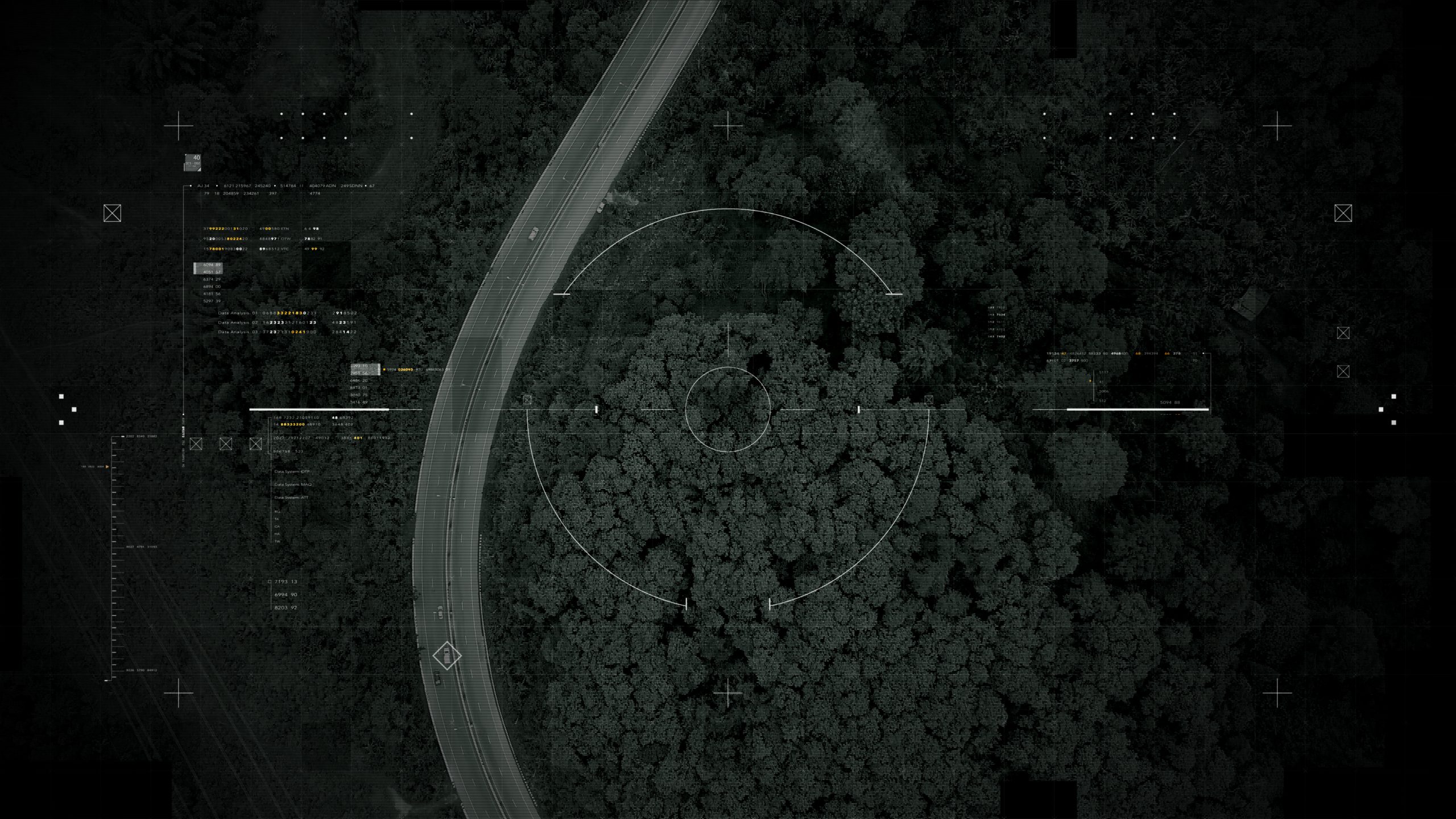 Aerial surveillance, military reconnaissance view of a complex highway interchange with HUD targeting graphics, creating a cinematic spy-drone atmosphere and intelligence-operation mood