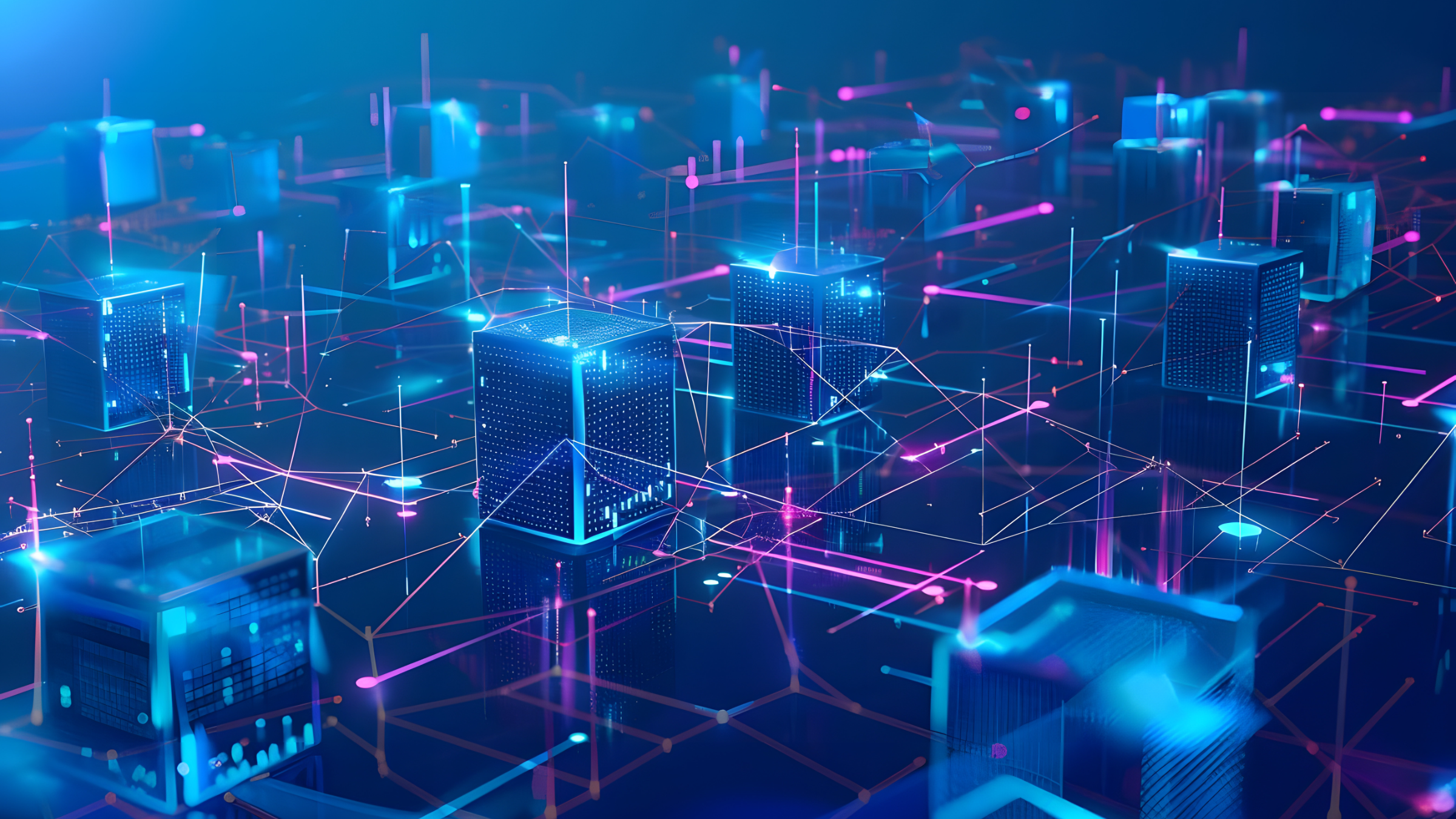 Abstract rendering of data nodes connected by glowing lines across a dark blue field